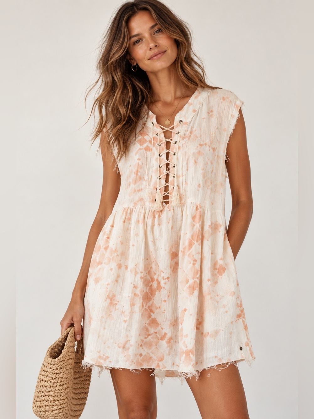 One Teaspoon White Peach Tie Dye Boho Lace‑Up Tassel Mini Dress Beach Festival